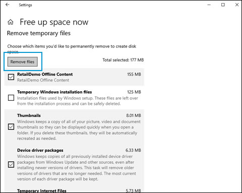Free up space now remove files