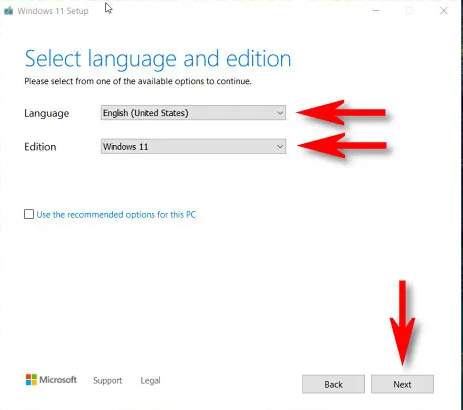 Media Creation Tool select language