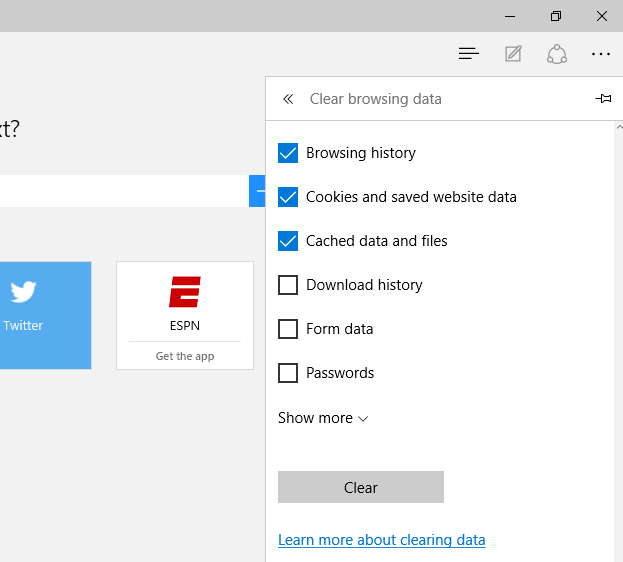 Clearing the browser history in Microsoft Edge